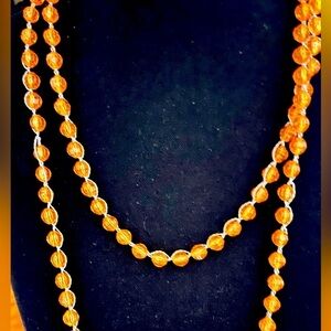 Long Orange Faceted Beaded Necklace 58" Silver Chain Boho Statement Game Day Fan